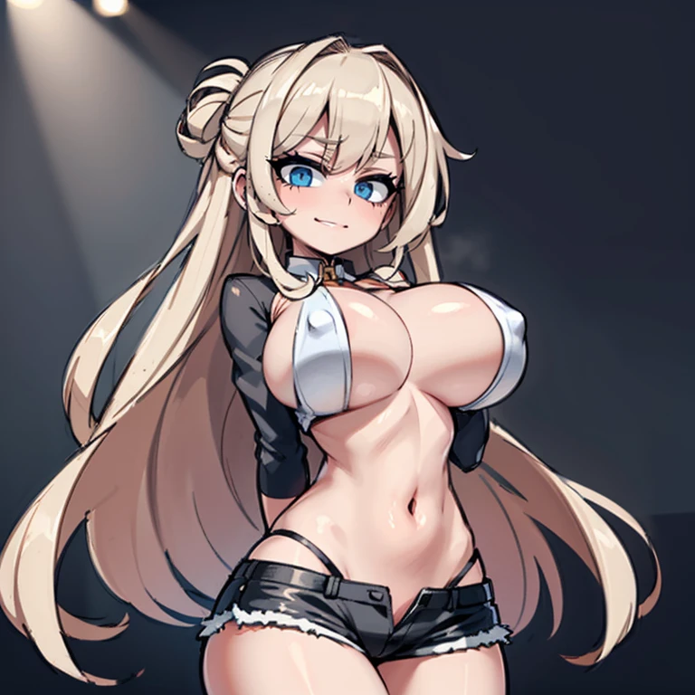 Anime Kawaii sexy Perfect Slim sensual body large breast and huge thighs, An intricate and highly detailed illustration of anime (Young girl) (work of art, best qualityer, ultra detali, high resolution, 4K),(beautiful detailed eyes),(very highly detailed face),(1 girl),HDR,long hair, shorts, phone, eyes browns, chestnut hair, cellphone, bracelet, regatta, jewerly, to attend, lips, focus only, glaze, blurry background, ssmile, wristto attend, realisitic, blurry, gazing at viewer