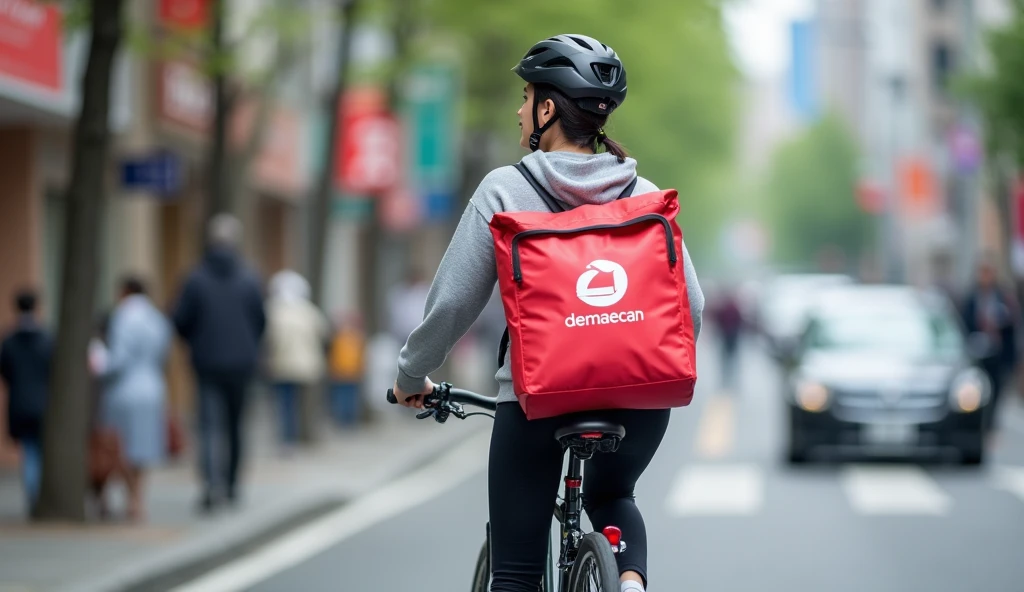 A cute Japanese woman, whose face you can see here, is wearing a bicycle helmet and riding a cross bike diagonally to the right, riding through a busy street, carrying a red delivery bag with the Demaecan logo on it, facing towards me.