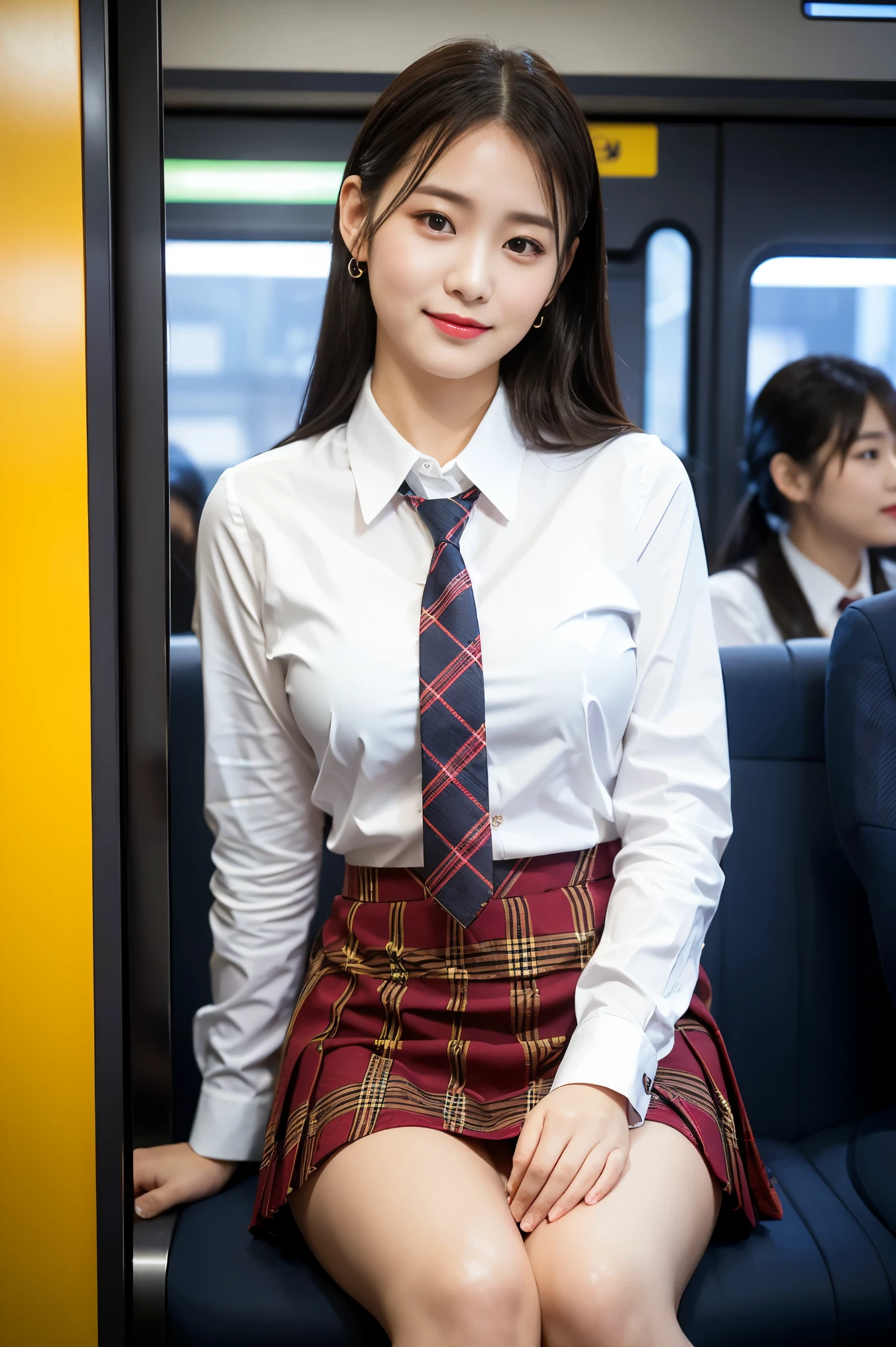 (8K), (highest quality: 1.2), (realistic), (realistic: 1.37), ultra high resolution, 1 girl, cute, smile, closed mouth, (red lip1.2),led cheak,beautiful details, beautiful nose, wet hair, giant dulcefo, pork, thighs,Self snap,University Student Uniform,Sitting on a Tokyo train,simple blazer,pleated skirt,(The pattern of the skirt and tie is a tartan check pattern..:1.3),cross your legs,thighs, panty hose