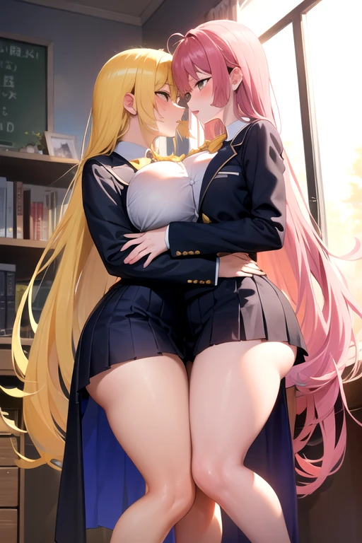 Lesbian (very long loose yellow hair)(big breasts, big thighs)(with school uniform clothes it is very tight) that he is kissing at school with his girlfriend,(big breasts, big thighs)lesbian love