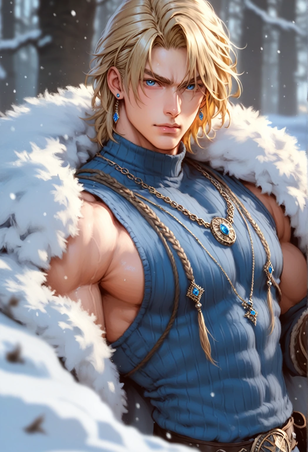absurdities, High resolution, ultra detailed, HdR, masterpiece, 30 year old adult man, rasgos muy masculines, angry eyebrows, Extremely detailed face and eyes, semi long straight hair, blond hair, bushy eyebrows, fringe, expressive nordic eyes, rasgos masculines, detailed eyes, LOOKING AT THE SPECTATOR, 1 man, viking style clothing, masculine, blue clothes con abrigo de piel, snowy background, White skin, viking necklace, blue clothes, white earrings, Nordic jewelry, tidy hair, Complete plan, beefy chest, magical realism, masculine, men&#39;s clothing, vibrant colors, photorealistic, 8k, Best Quality, High resolution, cinematic lighting, intricate details, snow background.