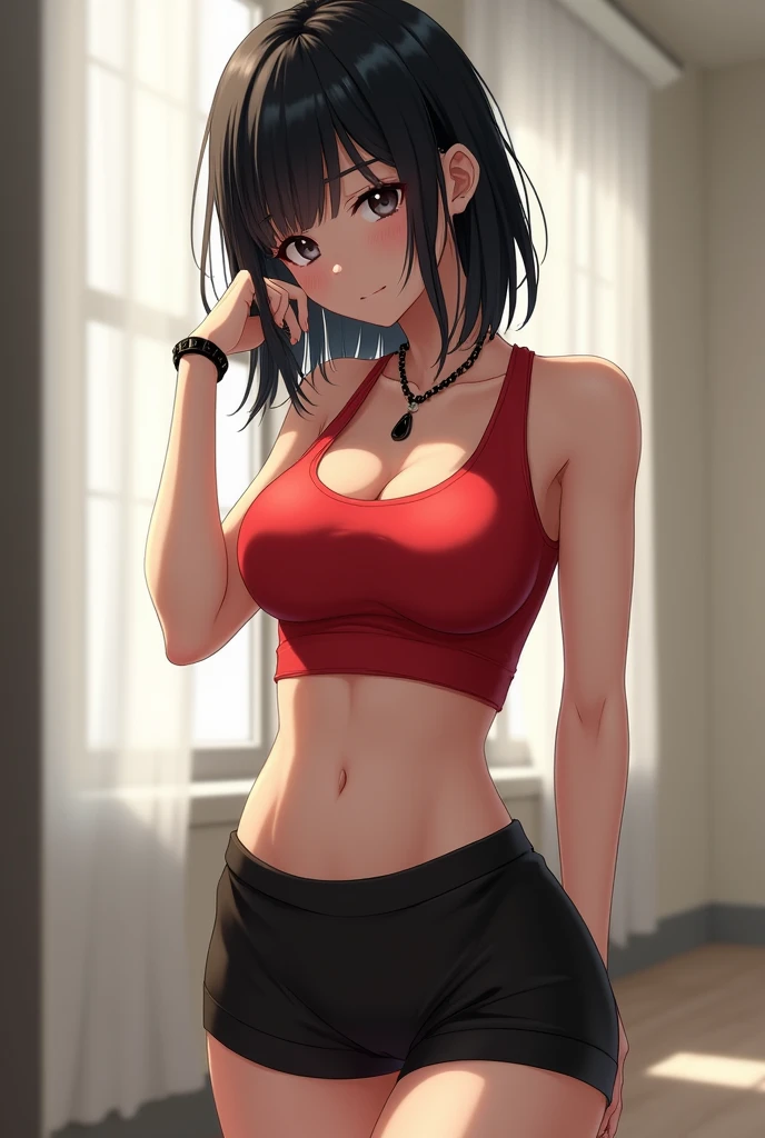 A girl in a red sleeveless sports shirt,a black short that reaches her ass,She has big tits and a big ass,She&#39;s a little skinny,has black hair,has white skin,he is ,It&#39;s a little sideways,She has a black necklace on her wrist,some of her hair is resting on her tits