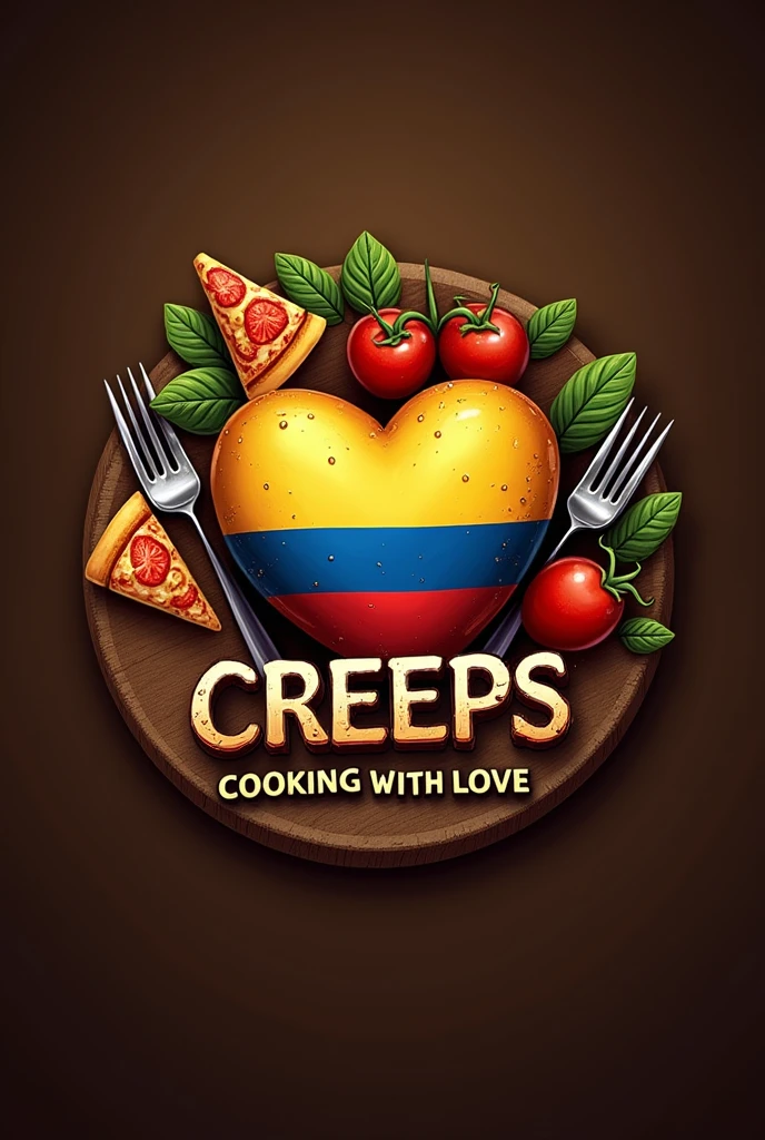 Design a logo that says creeps with a brown background and that says cooking with love in Italian and a Colombian flag and Italian food