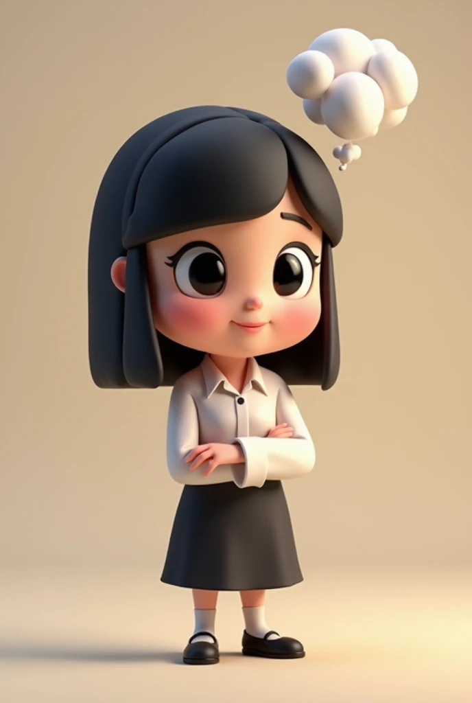 3d cartoon of a woman, short, straight and black hair, black eyes, looking forward wearing formal clothes having an idea