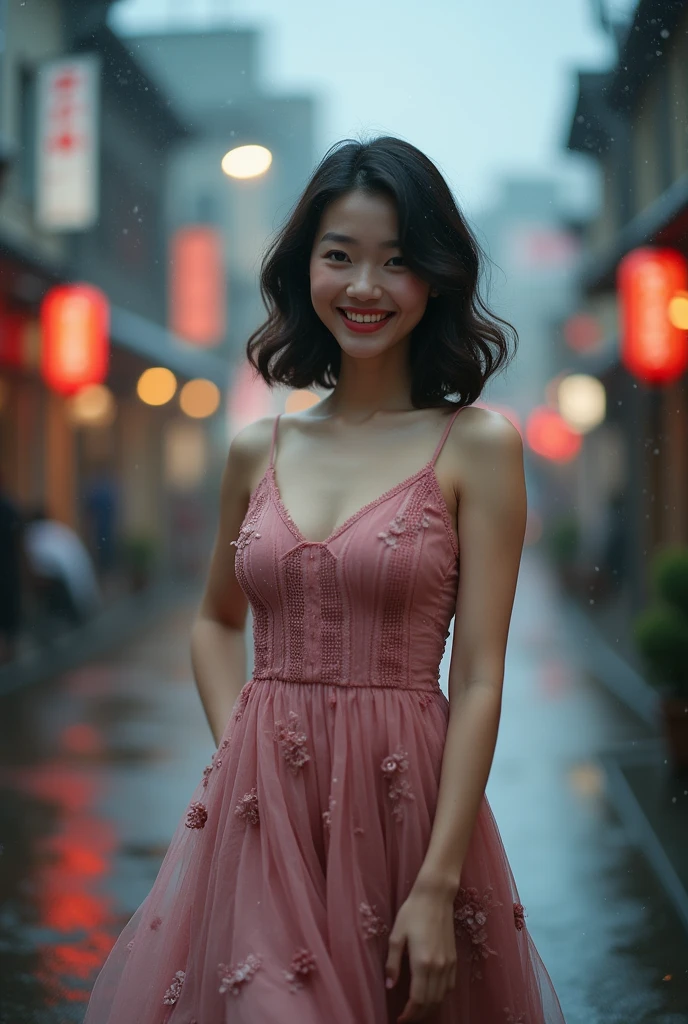 (Raw photography)、(​masterpiece、top-quality:1.3、ultra-quality)、(Ultra detailed 8K cg:0.4)、(A hyper-realistic:1.35)、(Photorealsitic:1.45)、(realisitic:1.5)、Beautuful Women、Tabletop, Highest quality, figure, Super detailed, In detail, High resolution, 8k wallpaper, Perfect dynamic composition, Beautiful attention to detail, dress,Medium Hair, Big Breasts, Natural color lip, Random sexy poses,smile,Aoyama Street Walk、20-year-old girl,japanes,rainy