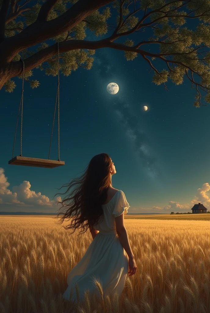 An image in the field at night, a woman with long brown hair (fluttering) on your back under a tree that has a swing. It's night and you can see the stars in the sky, a lua e os aneis de Saturn, Saturn. The sky is dark. She is in a wheat field, and far on the horizon you can see a small house, Saturn da pra ver no ceu pequeno ao lado da lua