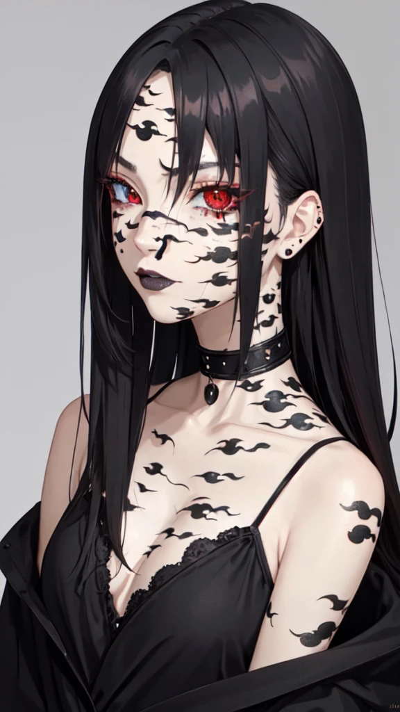 dark theme, (curse_mark: 1.21), 1girl, pale skin, sp1k3 choker, goth, black hair, red eyes, left shoulder, heterochromia upper body, looking at viewer, solo, portrait, simple background,