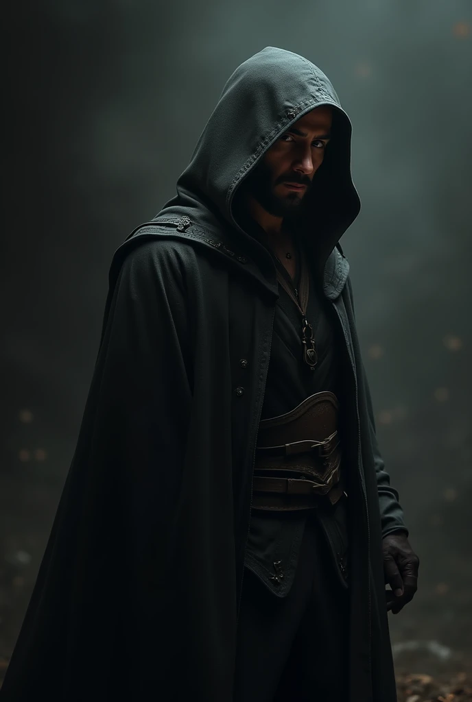 A man with a hood up to his chest, half turned to the left as if he was leaving, but looking back so that you can see a three-day beard.