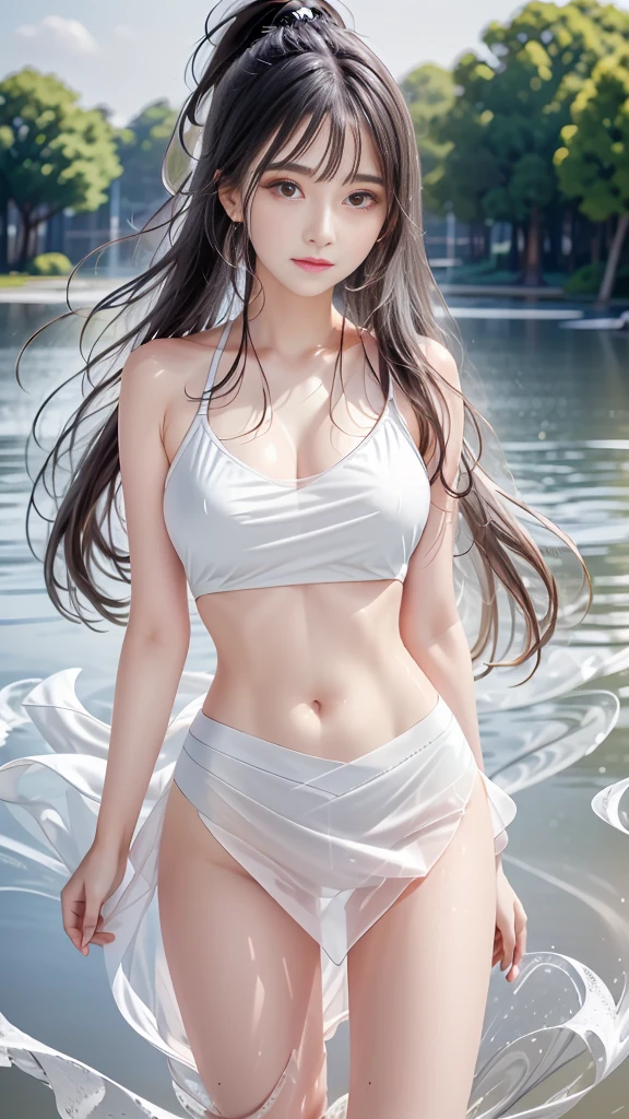 (masterpiece), (best quality), (Extremely detailed),(Messy hair),(illustration), (1 Korean girl), 18 years old, (Fashion), permanent, fashion model, Looking at the audience, (interview), ( background),Beautiful and delicate eyes, Delicate and beautiful face, floating,(High Saturation),(Colorful splash),Colorful bubbles,(shining), Focus on the face, Ponytail, Kamisato Ayaka, 淡紫色的Ponytail, Bangs, Hair ring, Floating flowers, Floating hair, (shining), Optimal lighting, Best shadow, Wet clothes, Sweating, Medium breasts,miniskirt,Hands down,lake
