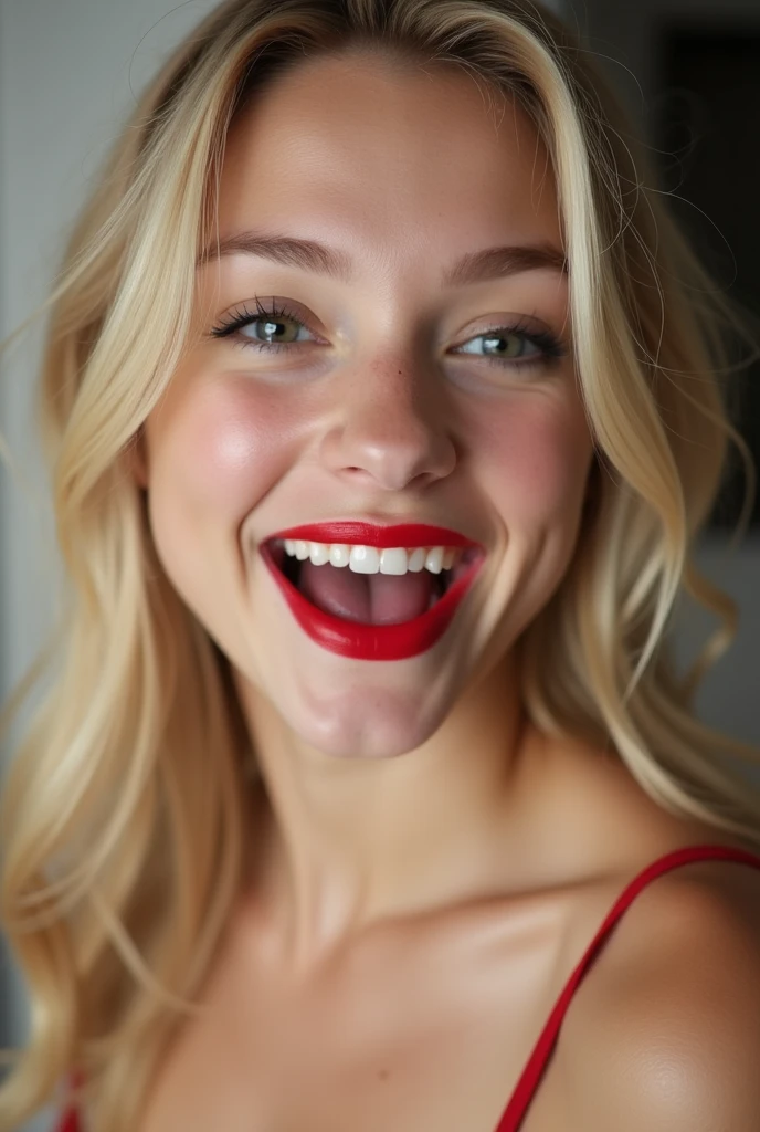 closeup of a female ’s face wearing red lipstick, mouth wide open and smiling, naturally blonde hair, wearing strapless bra, viewed from above