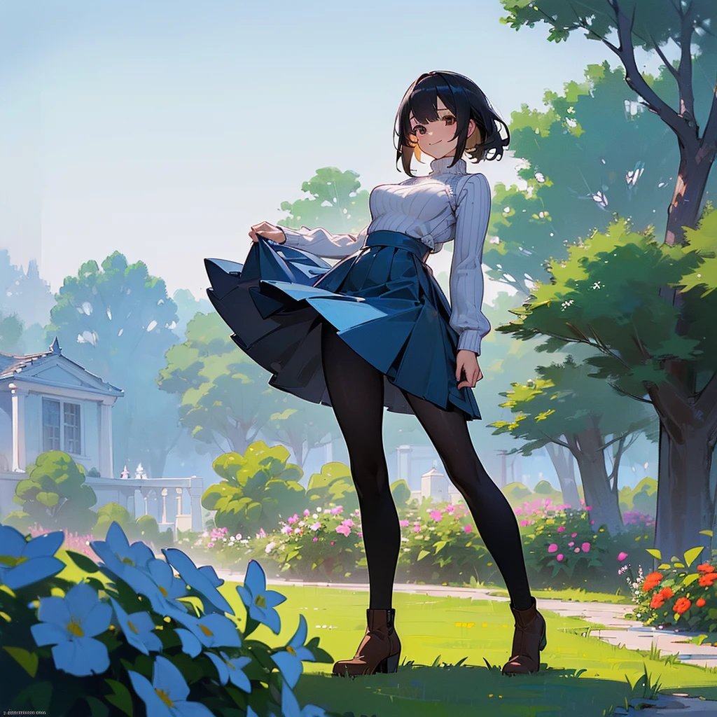 (high quality, High resolution, Very detailed, reality:1.37), Peaceful atmosphere, (Outdoor, garden), Teenage girl standing alone, (my breasts are big.), Beautiful details, Cute Smile, (Black bob hair), Ribbed sweater, Blue Skirt, Black tights, Brown boots.