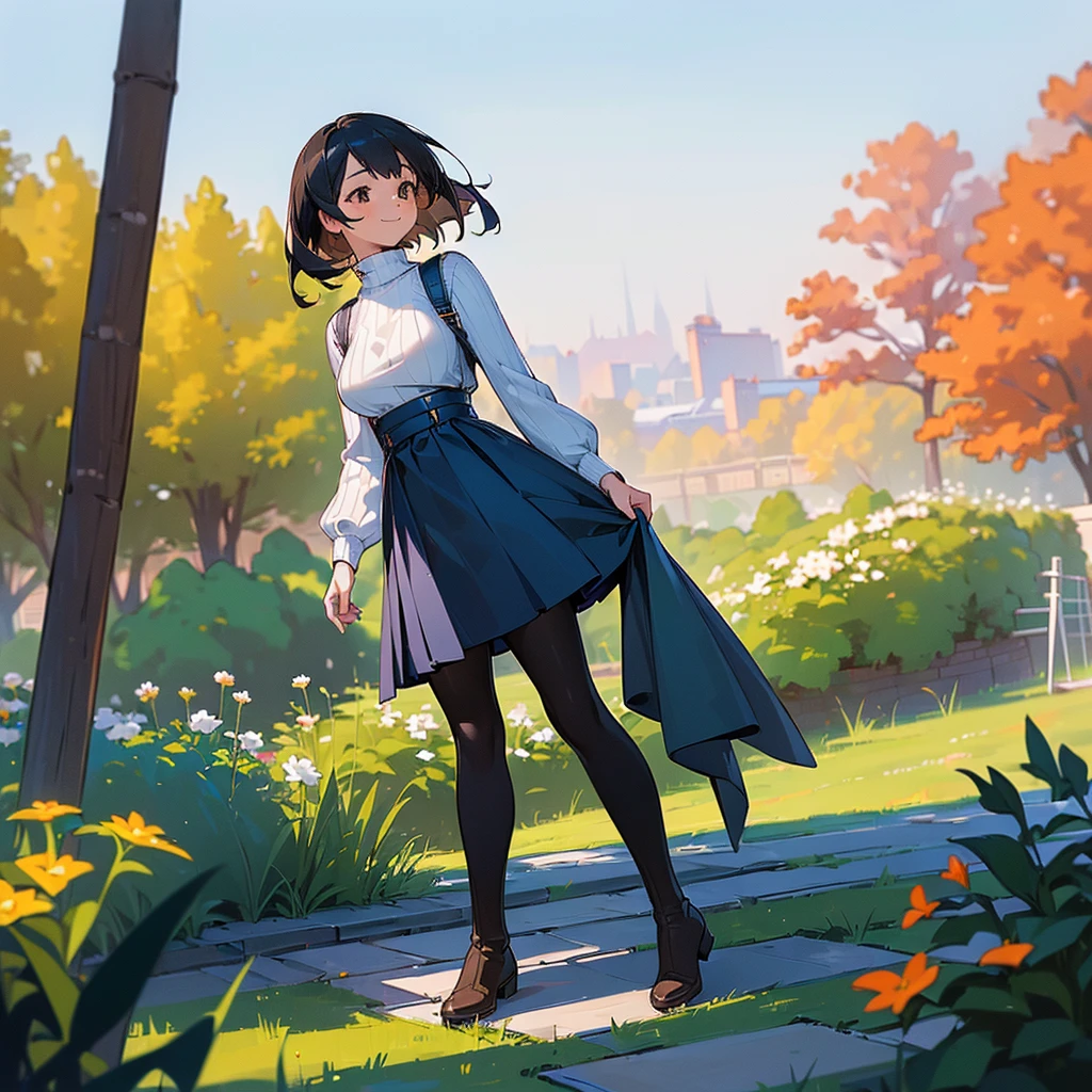 (high quality, High resolution, Very detailed, reality:1.37), Peaceful atmosphere, (Outdoor, garden), Teenage girl standing alone, (my breasts are big.), Beautiful details, Cute Smile, (Black bob hair), Ribbed sweater, Blue Skirt, Black tights, Brown boots.