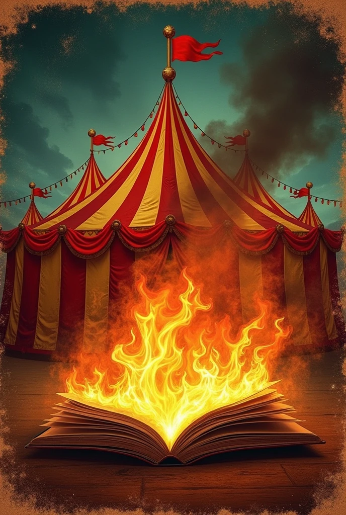 Vintage poster of a circus tent on fire, a mysterious book