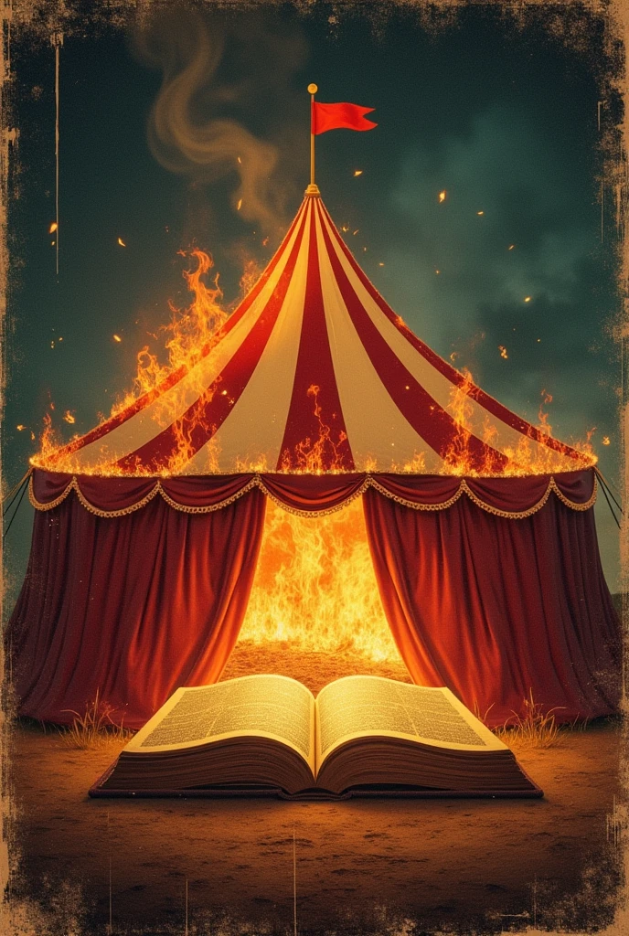 Vintage poster of a circus tent on fire, a mysterious book