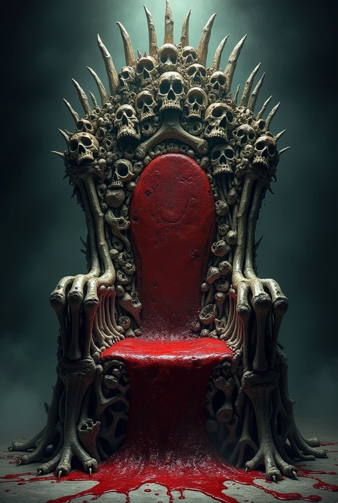 A throne made of human bones, from front shot, with blood on the seat. En dessin pc.