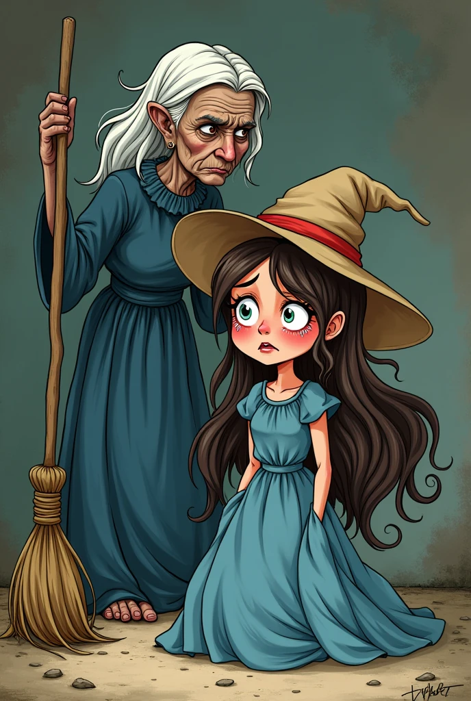 cartoon with nude long hair, nude round (not hag's) hat, blue dress is crying badly because there is old women hag with old broom infront her