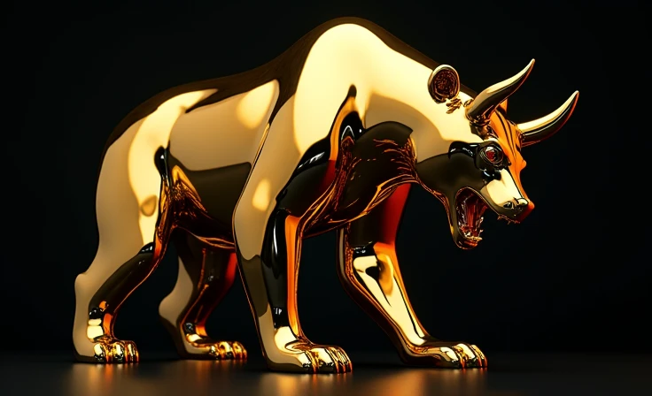  imposing menacing bear standing with claws up attacking. smooth gold body mirrored shiny chrome angry attacking from above with his golden bear black background. a bright chrome gold bull angry attacking from below with his horn the golden bear black background

