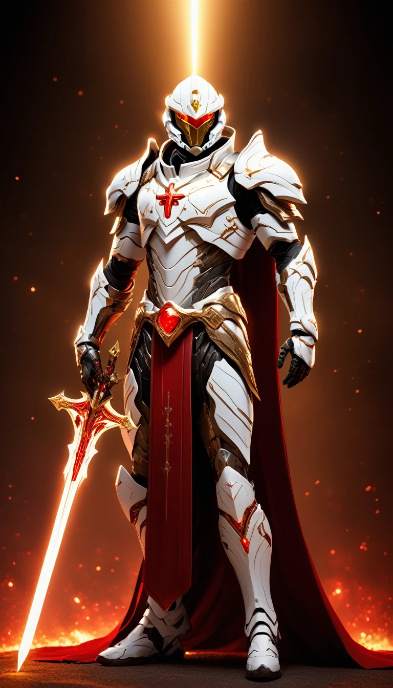 Masterpieces, male, Holy white Knight, (white armor) Action style shot, Glowing red colored Christian cross on chest made of a large gem on chest (Battle Priest in a warframe and halo style armor wielding a sword in each hand with radiant red light, emanating potent gold light magic.), (action shot: Holding a sword in each hand in front of him), (white, red and silver color scheme), (5 red gems on belt), (large Christian cross on chest and abdomen), (red magic effects), (red half cape), white and red tabard (solid gold color background), (gold magic background effects), centered, full body shot fighting, sci-fi knight, Halo master chief, vibrant colors, visible figure joints, cinematic shot, volumetric lighting, intricate pattern detail, highly detailed