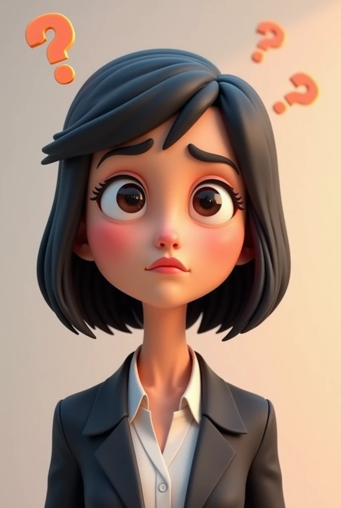 3d cartoon of a woman, short, straight and black hair, black eyes, looking forward wearing formal clothes having an idea