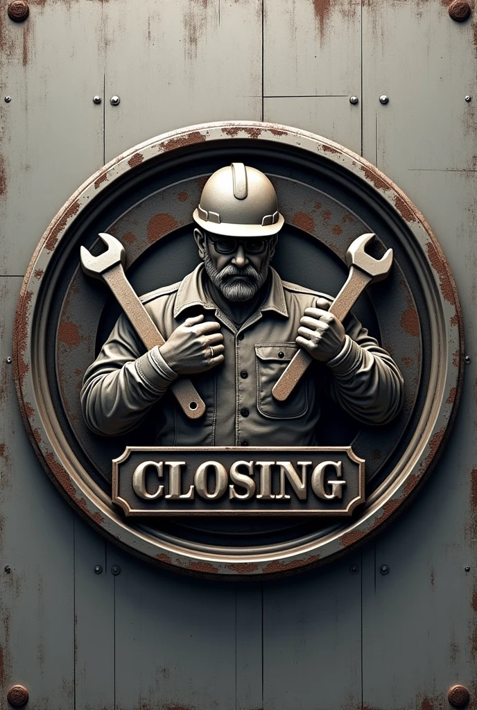 "A sophisticated emblem of a construction worker with a wrench and hard hat, framed by a circular border to symbolize unity and strength. The logo uses a metallic texture and a bold, serif font. with metalic texture. with quote "Pejuang Closing"