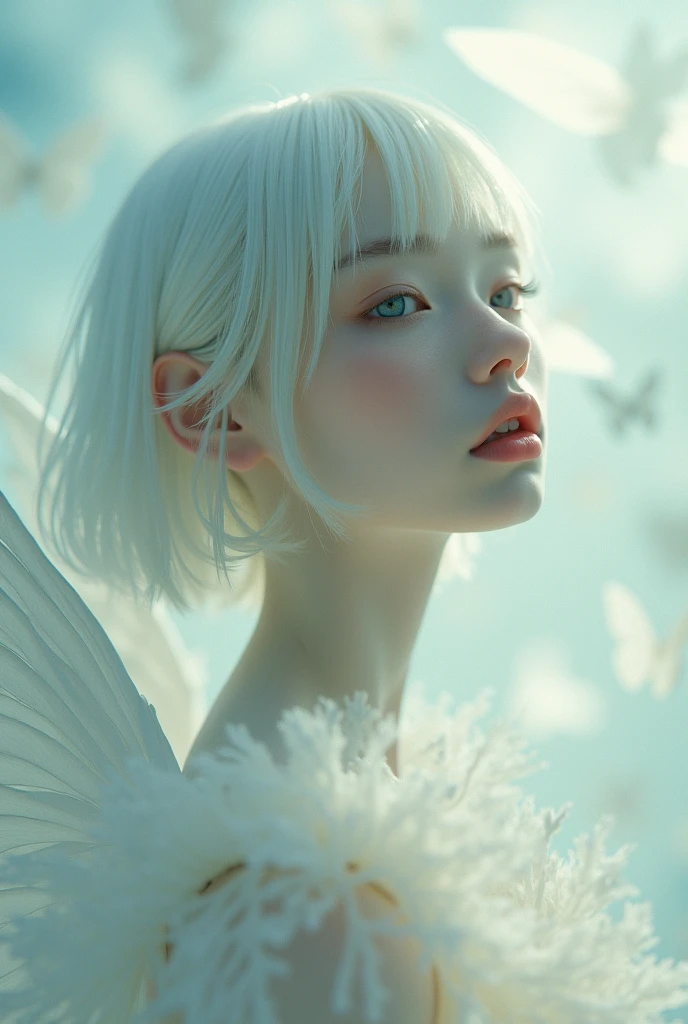 editorial photography,super detailed background,Super realistic,double exposure,depth of field,beauty skinny angel vibes,soft focus tone,narrative scene,open lips,Super short straight hairstyle,swallowtail butterfly wings,light falling from the sky,Fine white skin, big eyes, soft cheeks,from directly below,