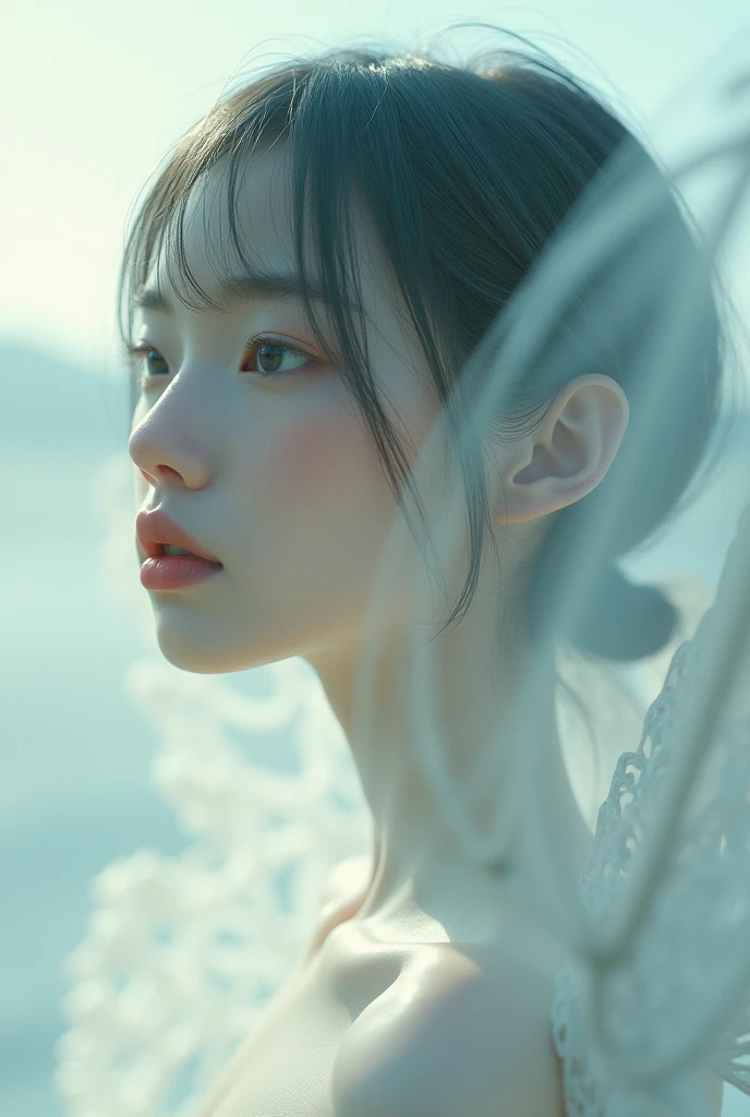 editorial photography,super detailed background,Super realistic,double exposure,depth of field,beauty skinny angel vibes,soft focus tone,narrative scene,open lips,Super short straight hairstyle,swallowtail butterfly wings,light falling from the sky,Fine white skin, big eyes, soft cheeks,from directly below,