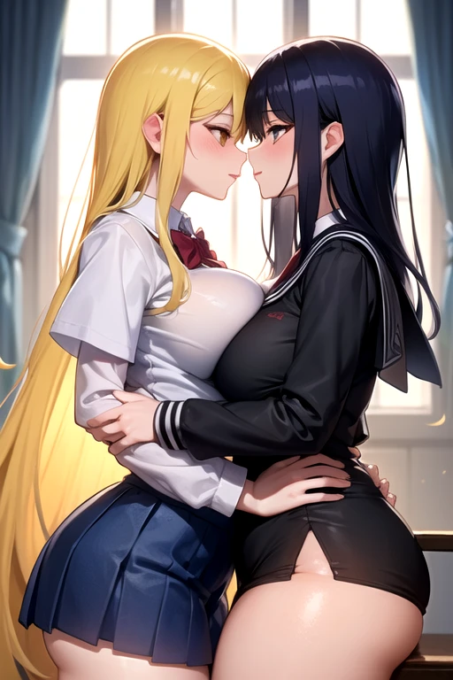 Lesbian (very long loose yellow hair)(big breasts, big thighs)(with school uniform clothes it is very tight) that he is kissing at school with his girlfriend,(big breasts, big thighs)lesbian love