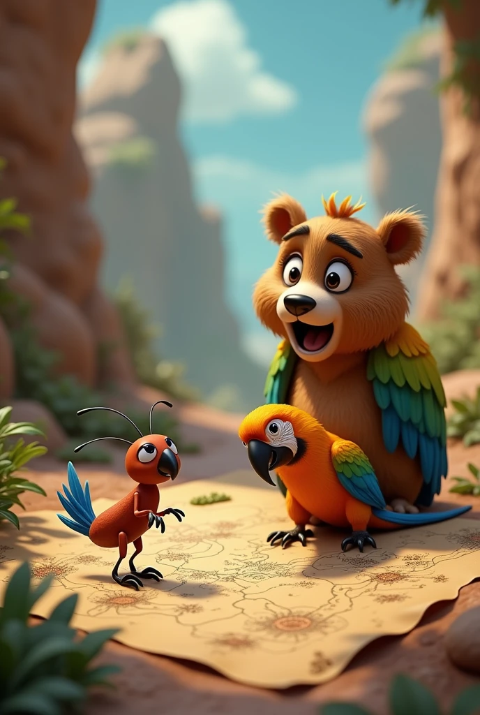 The ant next to the parrot looking at the map and a surprised animated bear