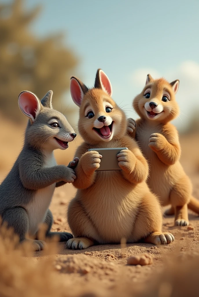 3 different animals taking a selfie holding a cell phone, not cute at all and just at the moment of a fun fall, a cheerful tumble