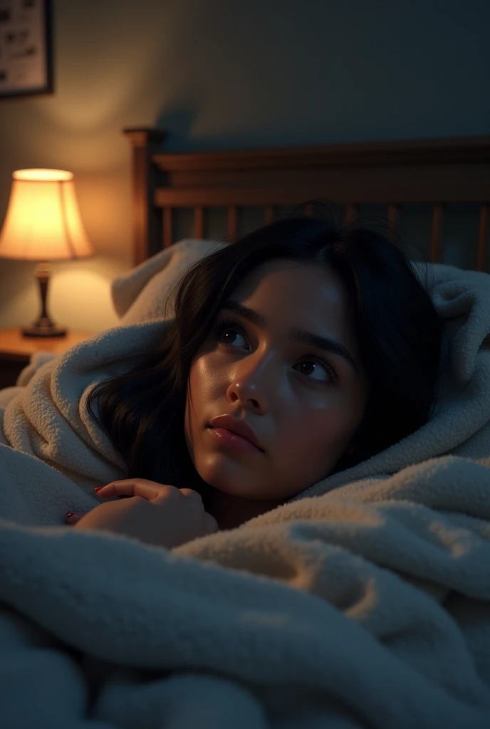 A girl under her blanket, eyes wide open, with a lamp lit next to her, glancing nervously around the room.
This joke perfectly captures the contrast between bravado and reality., with a touch of humor !
I prefer the image of a black African girl aged at least 24 years old.