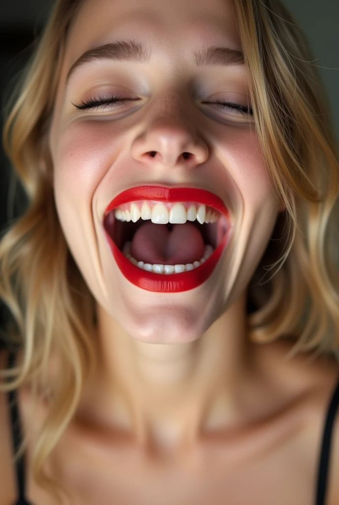 closeup of a female teen’s face wearing red lipstick, mouth very wide open and smiling, eyes closed, naturally blonde hair, wearing strapless bra, viewed from above