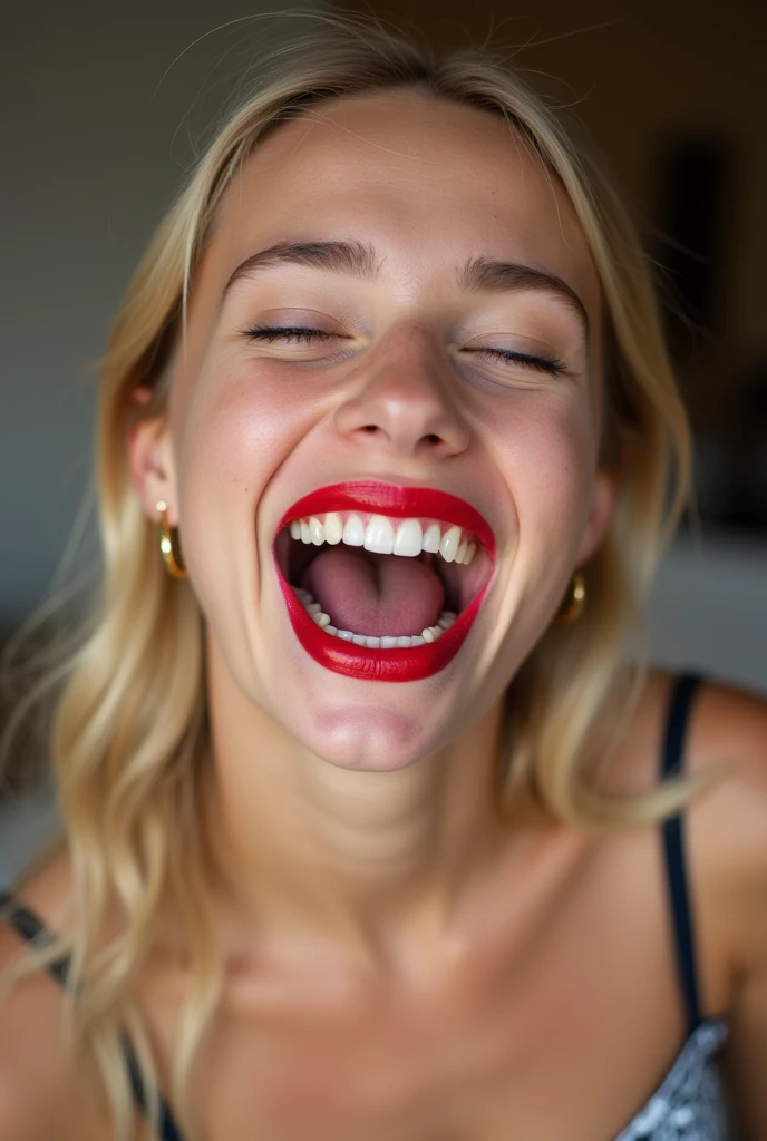 closeup of a female ’s face wearing red lipstick, mouth very wide open and smiling, eyes closed, naturally blonde hair, wearing strapless bra, viewed from above