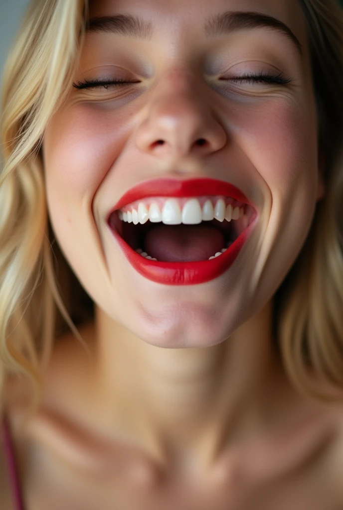closeup of a female teen’s face wearing red lipstick, mouth very wide open and smiling, eyes closed, naturally blonde hair, wearing strapless bra, viewed from above