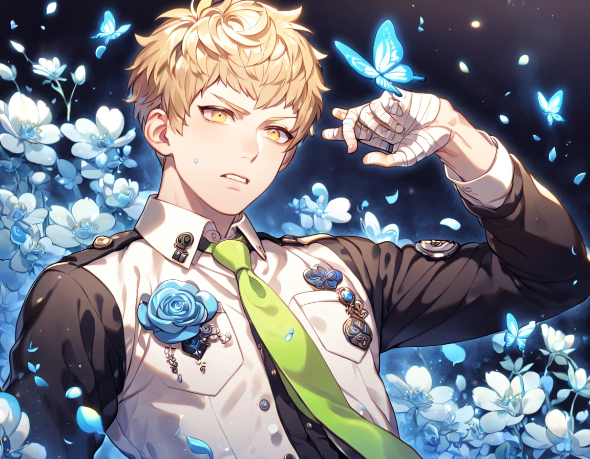 absurdres, highres, ultra detailed, HDR, master piece, best quality, extremely detailed, Noiz, blond hair, short bangs, expressive yellow eyes, Dramatical Murder, solo, sexy man, handsome, manly man, sensual, horny, white collared shirt with a long sleeved black undershirt, a light-green tie, badges on his chest pocket and tie, bandages on the hands, fantasy, magical, blue moon, blue flowers, blue butterflies, blue petals, blossoms, water