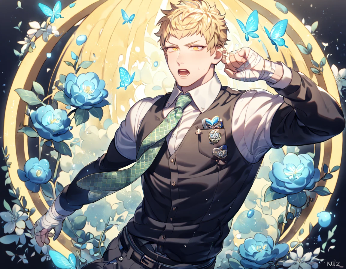 absurdres, highres, ultra detailed, HDR, master piece, best quality, extremely detailed, Noiz, blond hair, short bangs, expressive yellow eyes, Dramatical Murder, solo, sexy man, handsome, manly man, sensual, horny, white collared shirt with a long sleeved black undershirt, a light-green tie, badges on his chest pocket and tie, bandages on the hands, fantasy, magical, blue moon, blue flowers, blue butterflies, blue petals, blossoms, water