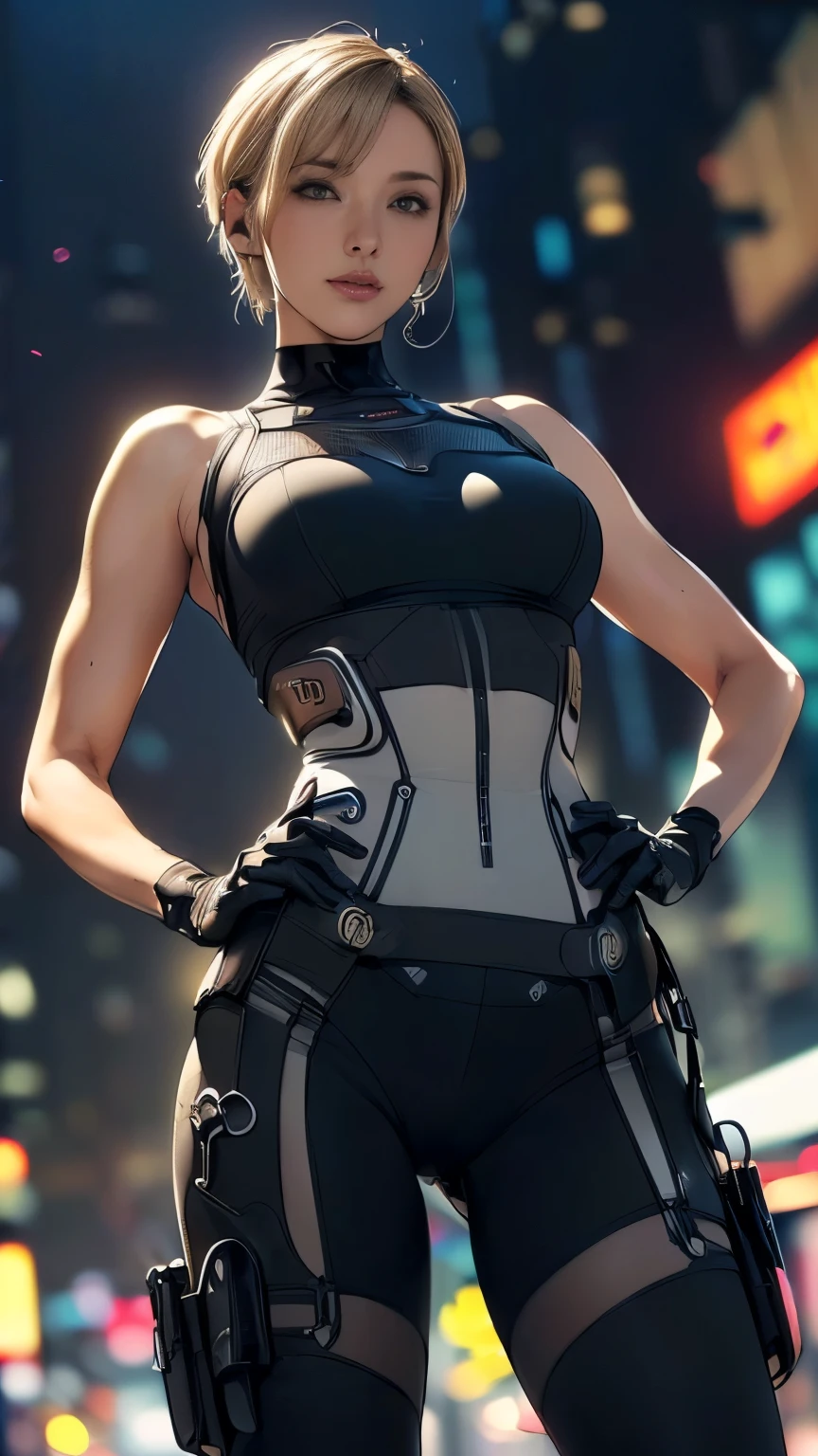 (A woman),(((Future female police officer standing))),((Black Tactical Tights:1.5)),((Camel toe:1.5)),((earphone:1.5)),((Tactical Holster:1.5)),(Gloves:1.5),(((Hands on hips:1.5))),(front:1.5),(From below:1.2),(Super short hair:1.5),(Blonde:1.5),(beautiful eyes:1.3),(Very detailedな顔:1.5),((Very detailedな女性の手の描画:1.5)),((muscular:1.5)),(Sexy look:1.5),((Thick thighs:1.5)),(Beautiful Body:1.5),((Very sensual:1.5)),(The backdrop is a futuristic city:1.5),(Cyberpunk atmosphere:1.5),(((Blurred background:1.5))),(Written border depth:1.5),rest(((masterpiece:1.5),(best quality:1.5),(Very detailed:1.5),(high resolution:1.5),(Practical:1.5),(Practical:1.5),(Delicate depiction),(carefully drawn))),8K,wallpaper