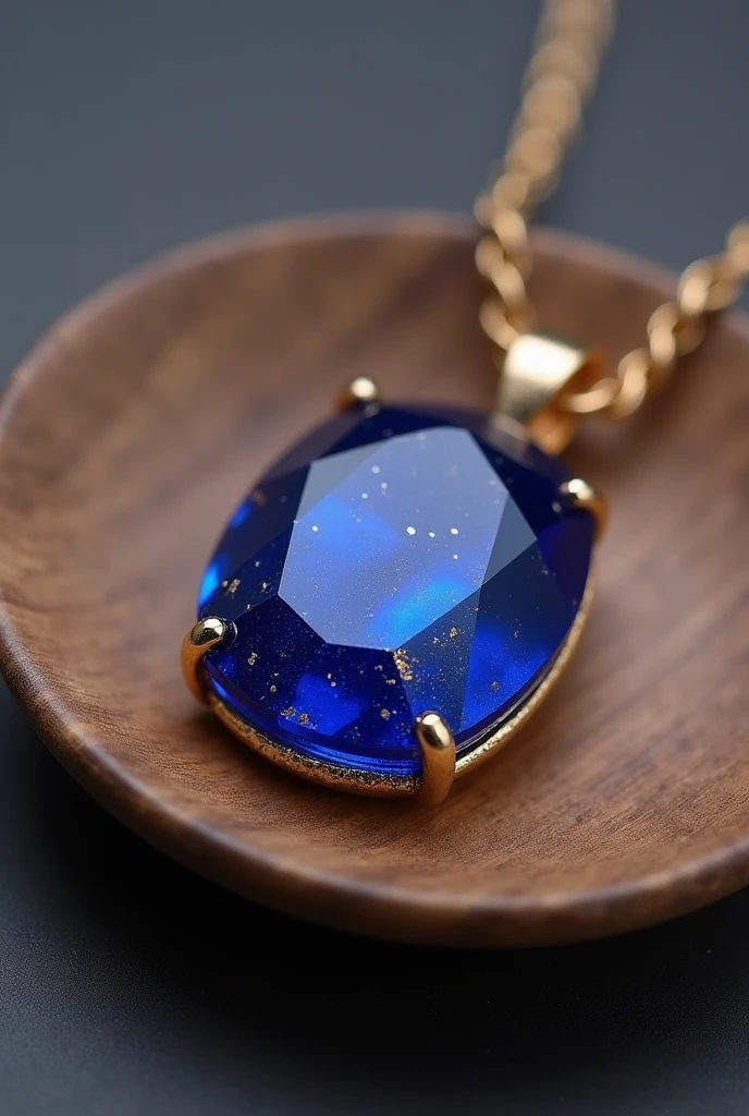 December Birthstone, 10 carat lapis-lazuli　Necklace, opaque jewel, ultramarinewith gold particle,, It is placed on a wooden plate, The background is gray, Surrealism, Verism, Fujicolor, cinematic lighting, UHD, accurate, super detail, masterpiece, high details, super detail, high quality, best quality, highres