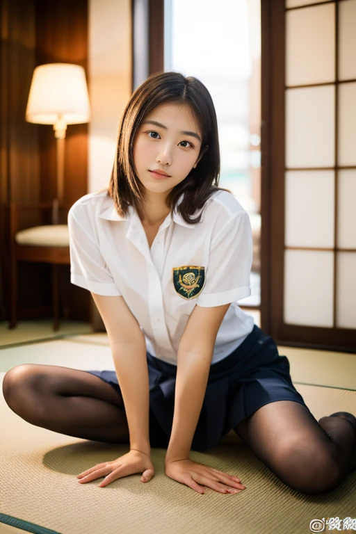 lens: 135mm f1.8,(Highest quality),(Tabletop:1.1), (Beautiful 14 year old Japanese girl), (Moisturized lips), Narrow eyes, double eyelid,Delicate clavicle,Flat Chest,Shortcuts,
(Let me me me'Let me me'Let me'Let's take another look), (close:1.4), shame, A faint smile,
(Spotted sunlight:1.2), Dramatic lighting,
(Take off your uniform), (Sunburned skin:0.2),Full body photo、Full Body Focus、Sit on the floor with your legs open、She spreads her legs wide to reveal her white panties