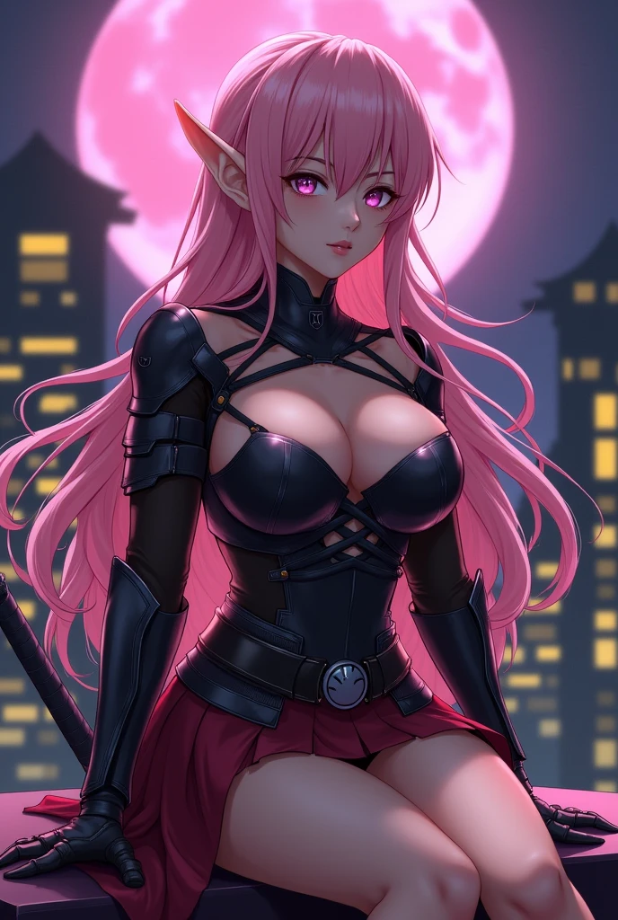 elf, pale skin, pink hair, long wavy hair, hair bang cover one eye, large breasts, milf, black armor, pink eyes, pink eyebrows, serious face, mild muscle, cleavage, skirt, sit knees, looking up, pink moon in background, night city, katana sword