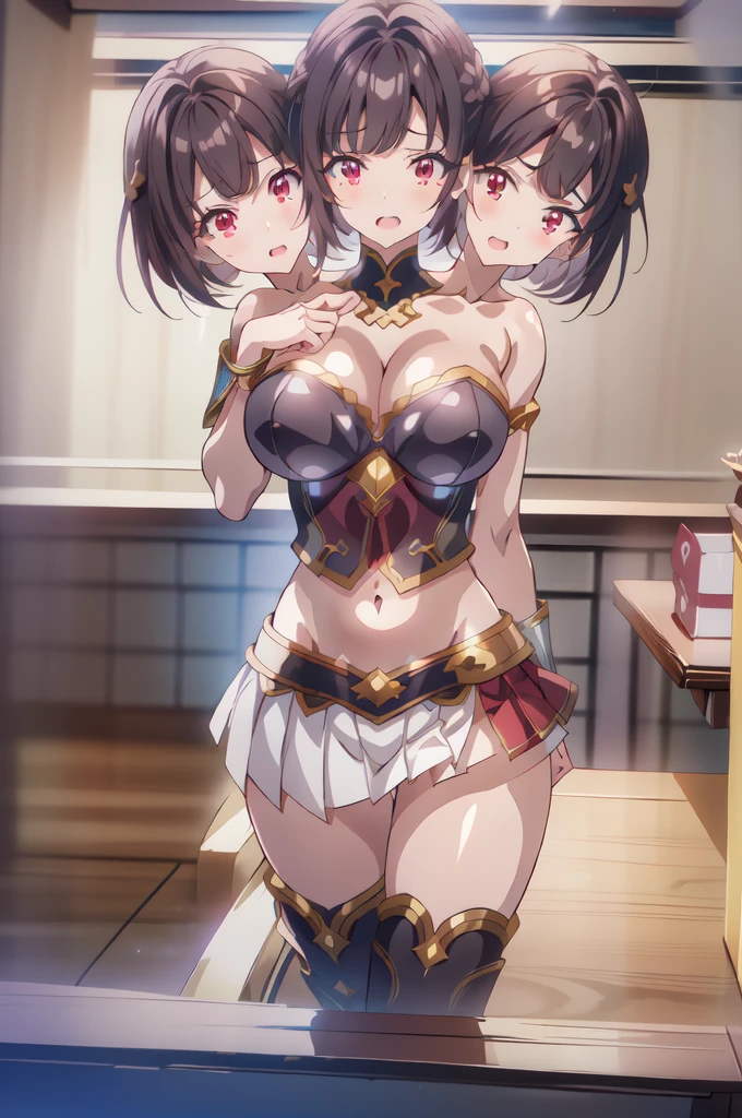 mariakurose, maria kurose, (three heads) (3heads:1.5), long hair, black hair, (red eyes:1.3), mole, mole under eye, large breast, Hot girl, baddie, staring, glaring, bad attitude, mean girl, dare, angry, hate, crazy, smoking, sensual, attractive,
blush, lipstick, masterpiece, best quality, highly detailed, fantasy , a anime girls in armored dress holding a sword
posing for a picture, cute smile, smile, open mouth, breastplate with open cleavage, cleavage, very huge breasts, warrior
outfit, ecchi anime style, anime girls, ecchi style, (nsfw) not safe for work, ecchi, digital anime art!!, in
anime style, official artwork, visual novel cg, beautiful anime girl, anime style 4 k , loincloth, exposed
belly, exposed navel, exposed midriff, exposed lower belly, pencil skirt armored, castle,inside castle,