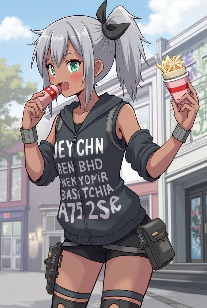 One Girl、Dark Skin、Grey Hair、Green Eyes、ponytail、hair ornaments、ribbon、bandana、首に巻いたbandana、Bandeau、Clothing with writing、Removable sleeves、hoodie、food、Exposed shoulders、Shorts、With zipper open、Asymmetrical legwear、Thigh straps、Thigh pouch、Knee pads、Have a weapon、Small machine gun、smile、Outdoor、city、graffiti 、masterpiece