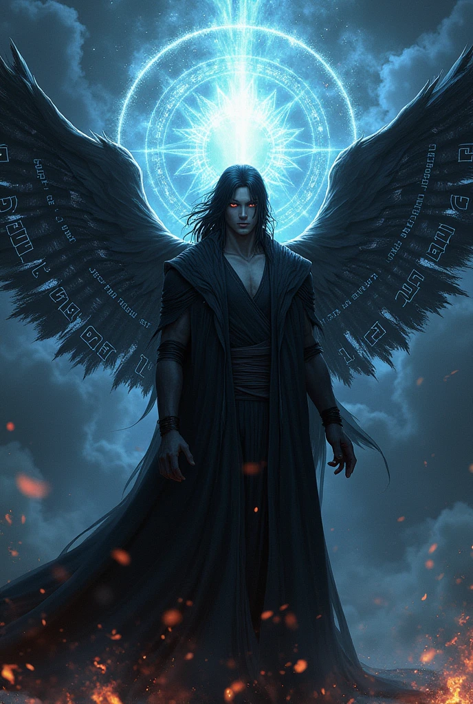 Madara Uchiha warrior with diamond wings and Hebrew letters written on it and a black fire aura