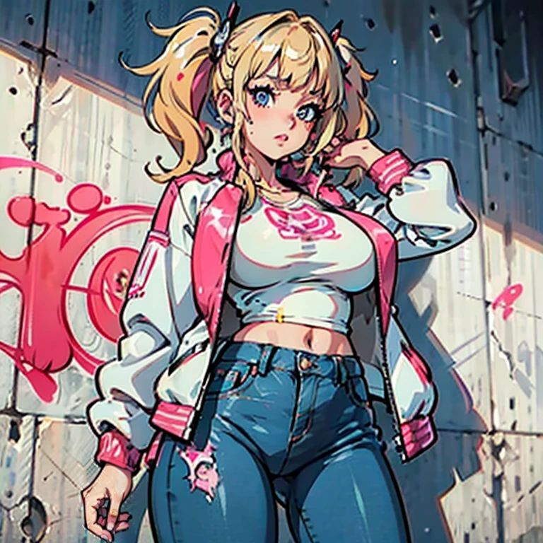 Anime Kawaii sexy Perfect Slim sensual body large breast and huge thighs, An intricate and highly detailed illustration of anime (Young girl)  8K,Ultra Detail,ultra-quality,ultra precision,ultimate masterpiece,GAL,big ,big Thigh,white leather jacket,jeans,twin tail(blond&pink mix),cool Graffiti on the wall,Cyber punk street,