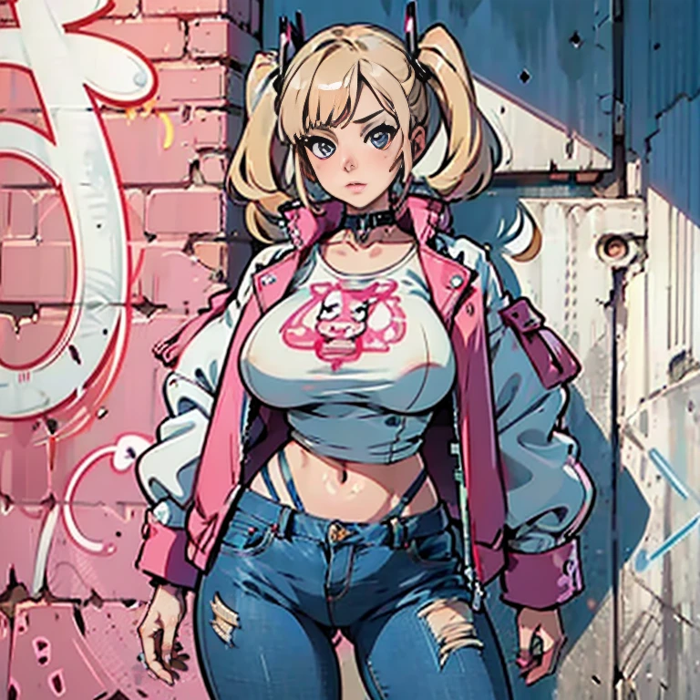 Anime Kawaii sexy Perfect Slim sensual body large breast and huge thighs, An intricate and highly detailed illustration of anime (Young girl) 8K,Ultra Detail,ultra-quality,ultra precision,ultimate masterpiece,GAL,big ,big Thigh,white leather jacket,jeans,twin tail(blond&pink mix),cool Graffiti on the wall,Cyber punk street,