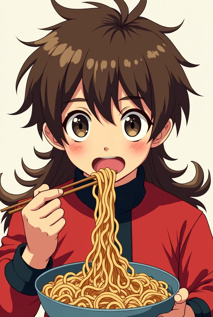 Un personnage garçon de manga qui mange des nouilles. Il est en 2D et de face, il a des cheveux bruns et longs avec une tenue rouge et noure