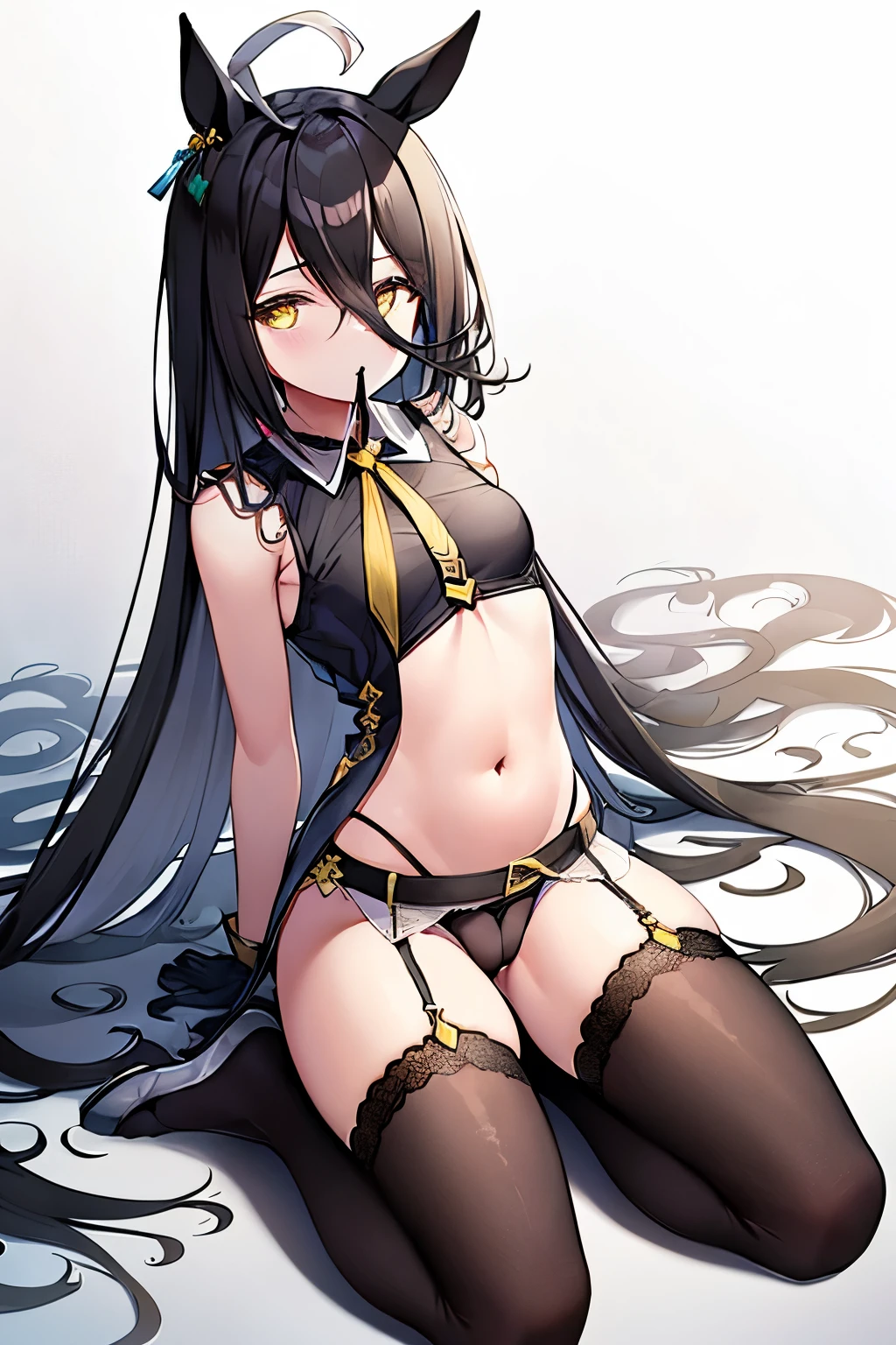 ((masterpiece))、((Highest quality))、Full-body wide-angle、(solo)、Manhattan Cafe,Manhattan Cafe(Racing wear),、White Ahoge, (Long black hair)、Long black bangs between the eyes,,、Black horse ears、Horse tail、Yellow eyes without highlights、(((Small breasts)))、((Black sleeveless))、((Black Shirt))、 ((Black Panties))、Black gloves、Yellow tie、belt、Mouth closed、Black tights、Exposed thighs、Cameltoe、Garter Stockings Shoulders out Belly button