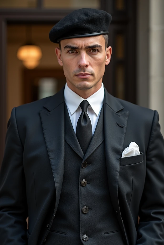 A security man, short hair with beret, waistcoat, brown eyes and suit