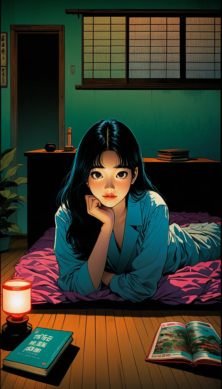 An illustration、art、80s Thai horror movie poster, Supervised by Junji Ito、(high school student:1.25)、evening、Japanese-style room、tatami、Attention to detail, Realistic Shadows、Analog Style, chromatic aberration, Surrealism、Complementary Gradient