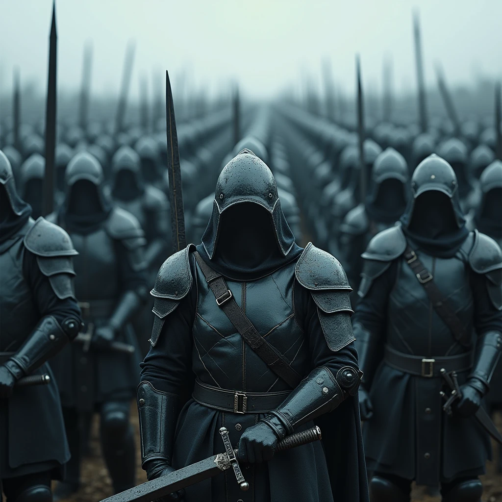a very large army of death warriors.. And it looks huge like an ocean.. Every soldier has one )black armor) and swords in their hands.. There are many soldiers mounted on horses.. Make front view