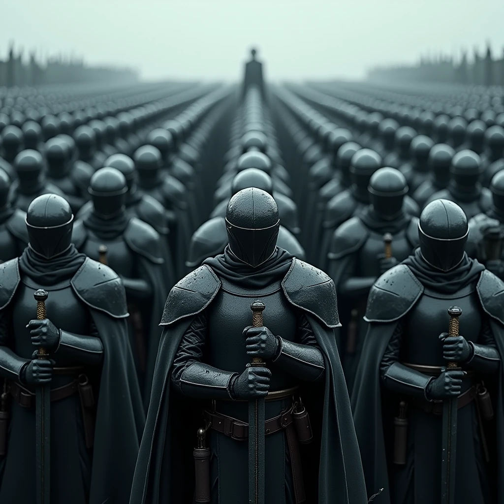 a very large army of death warriors.. And it looks huge like an ocean.. Every soldier has one )black armor) and swords in their hands.. There are many soldiers mounted on horses.. Make front view